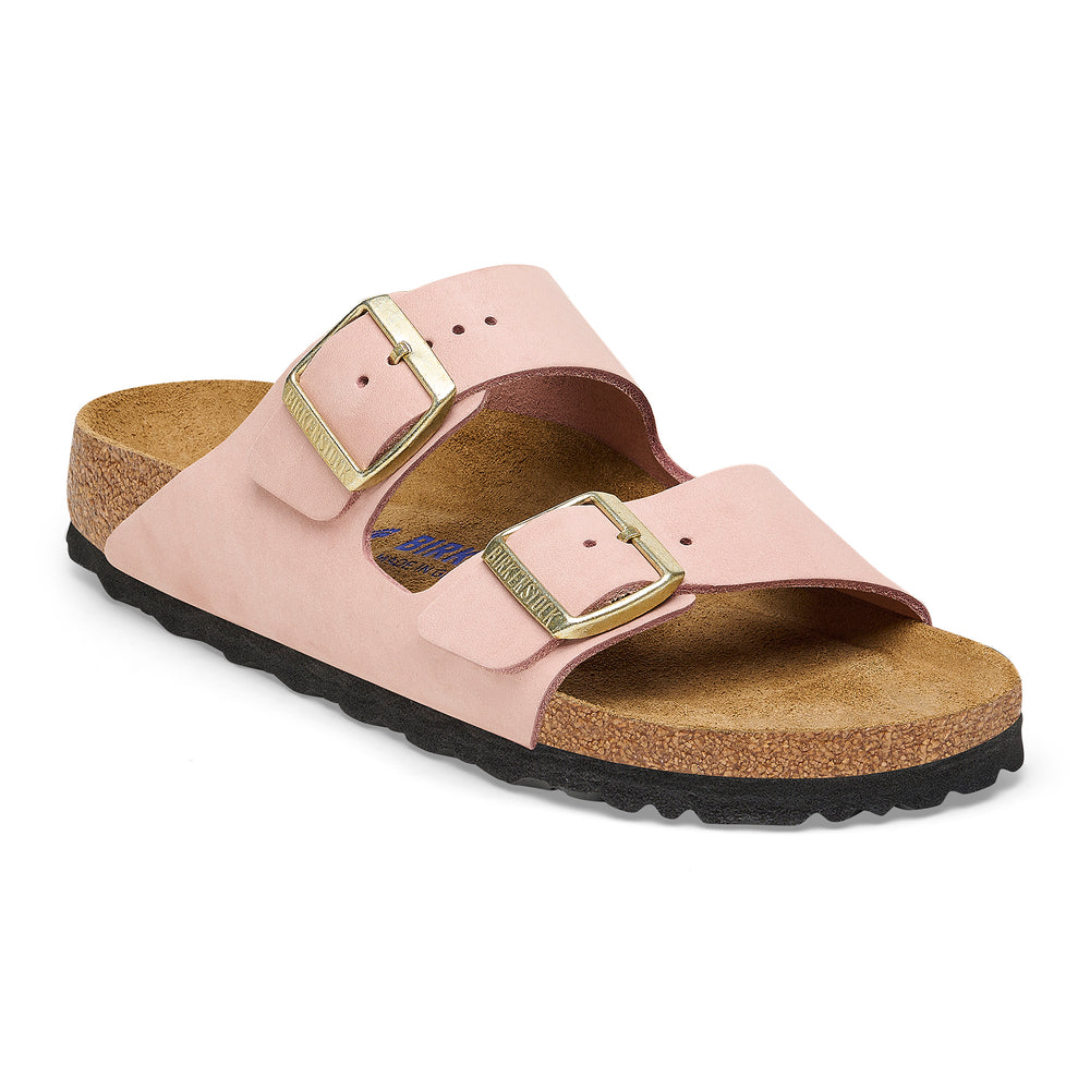 Two Strap Arizona Soft Footbed Nubuck Leather Sandal in Soft Pink