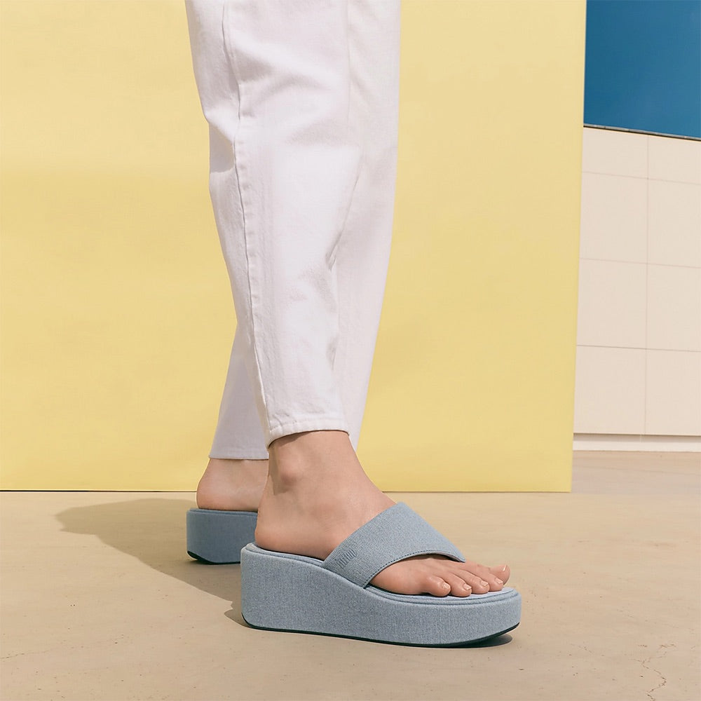 Platform Wedge Toe-Post Sandals (Light Denim) when worn