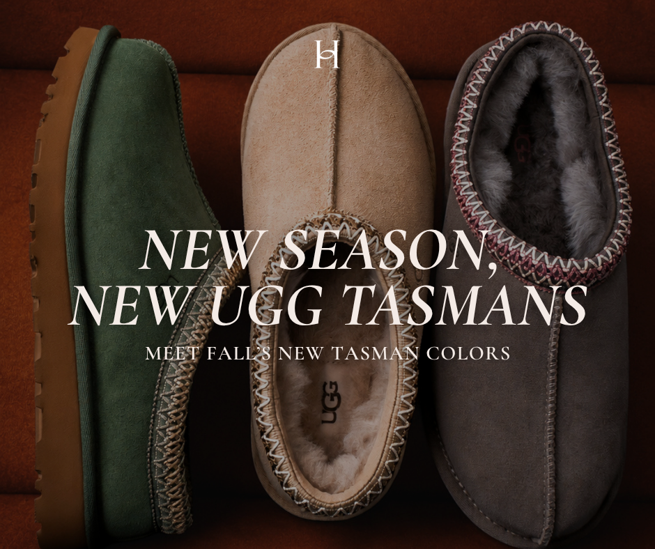 Three UGG Tasman slippers in green, beige, and gray with text reading “New Season, New UGG Tasmans” and “Meet Fall’s New Tasman Colors.”
