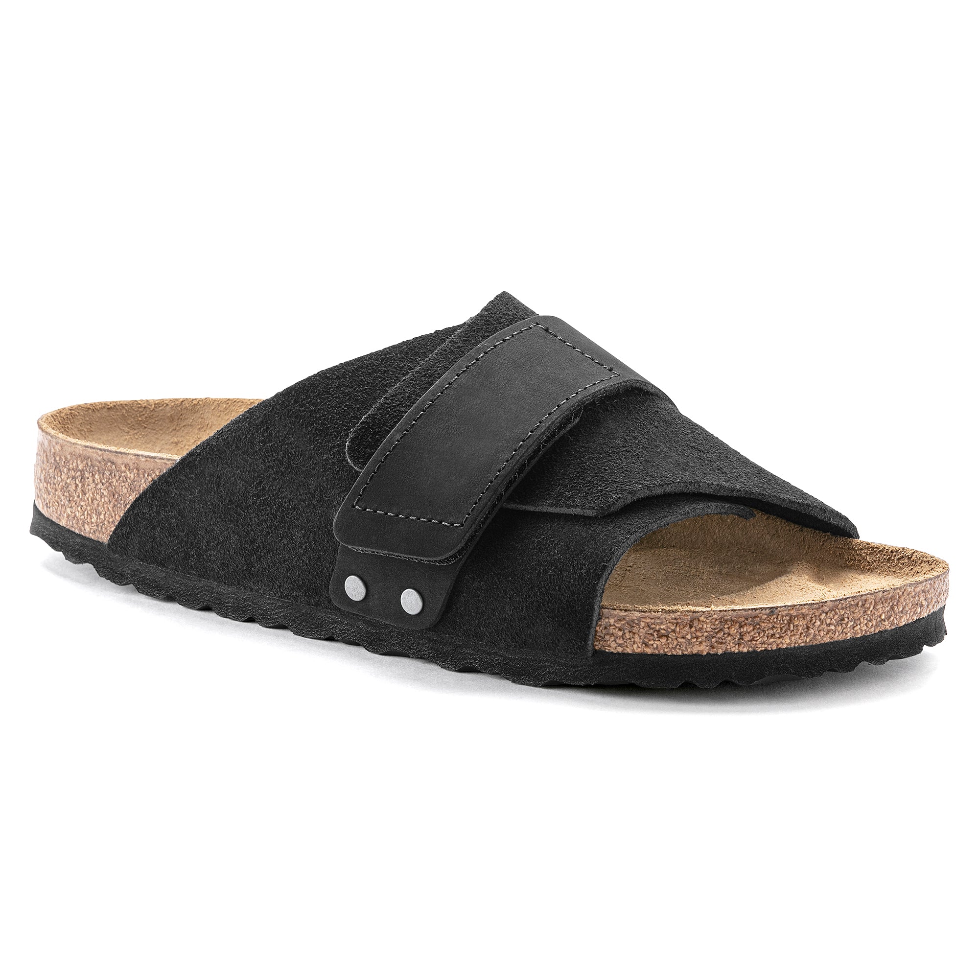 Adjustable hook and loop closure black sandal