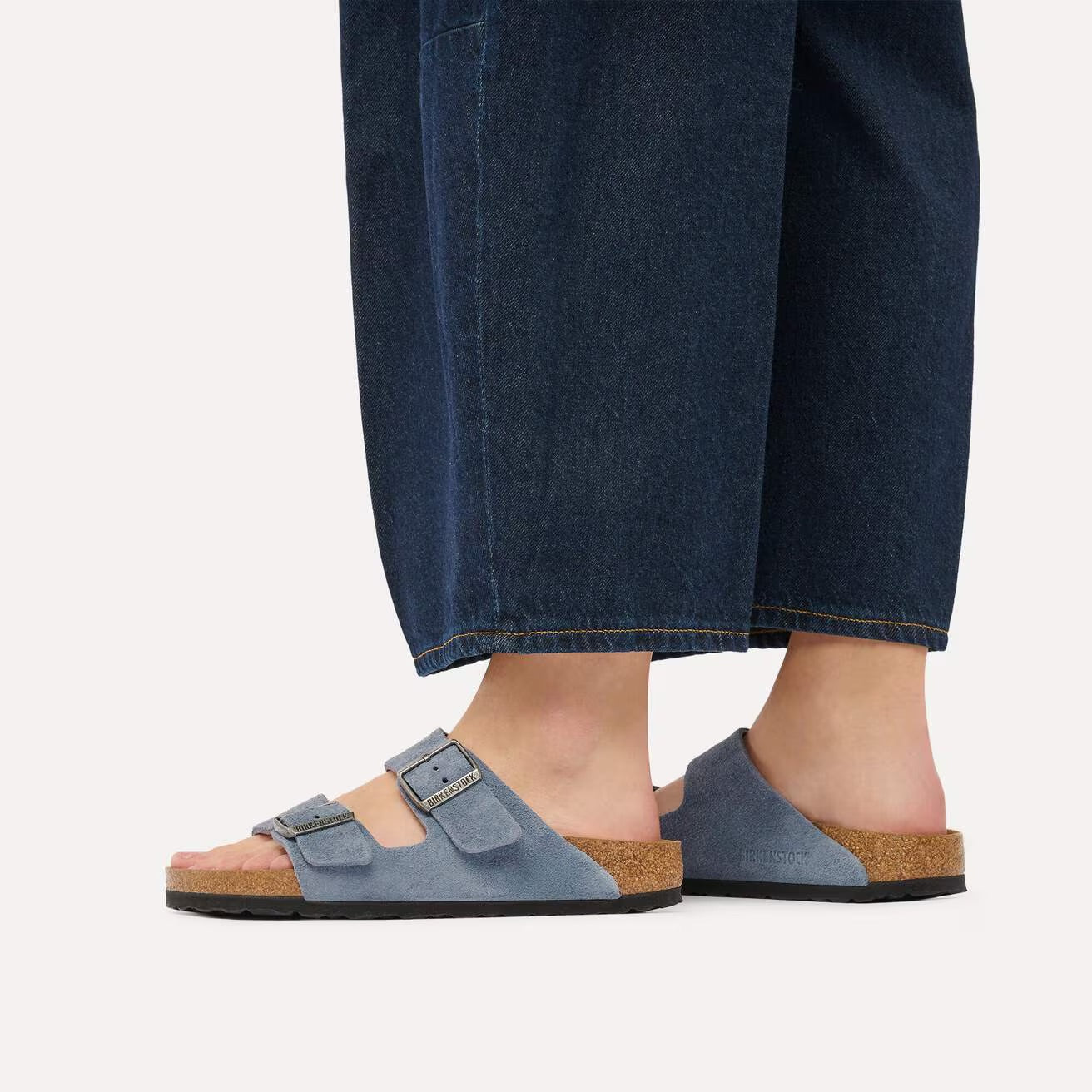 Women's Arizona Suede (Stone Blue) when worn