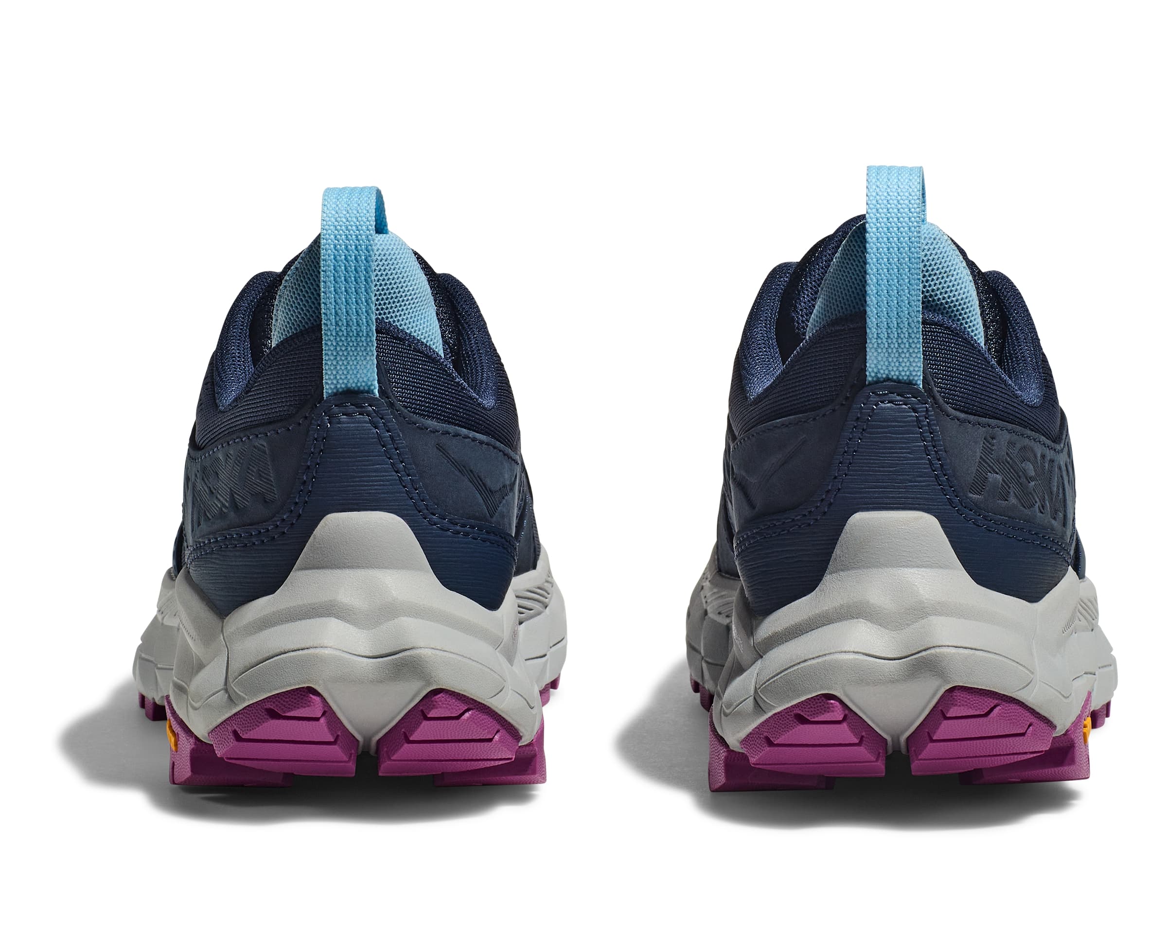 Blue hiking sneaker with grey midsole and purple sole