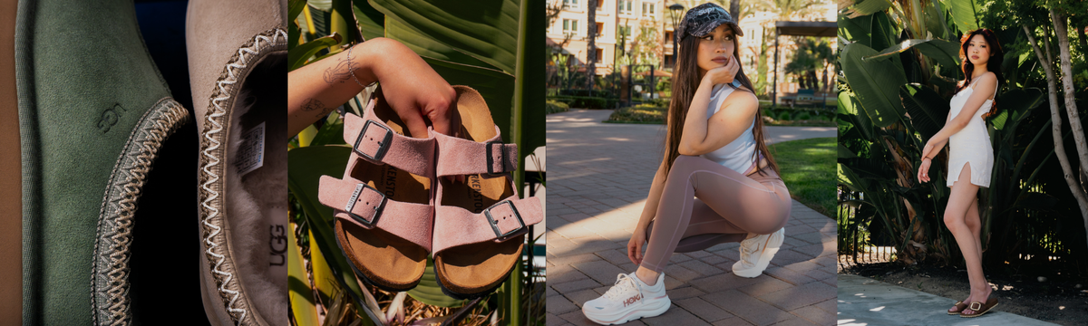 Lifestyle collage featuring UGG slippers, pink Birkenstock sandals, white HOKA sneakers, and brown sandals styled in outdoor settings.