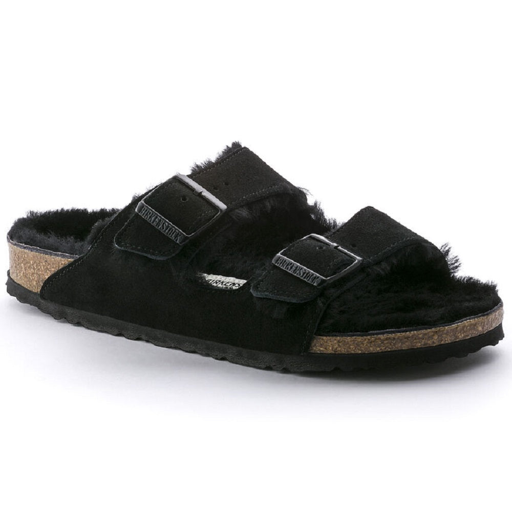 Birkenstock Arizona two strap sandal with shearling lining in black.