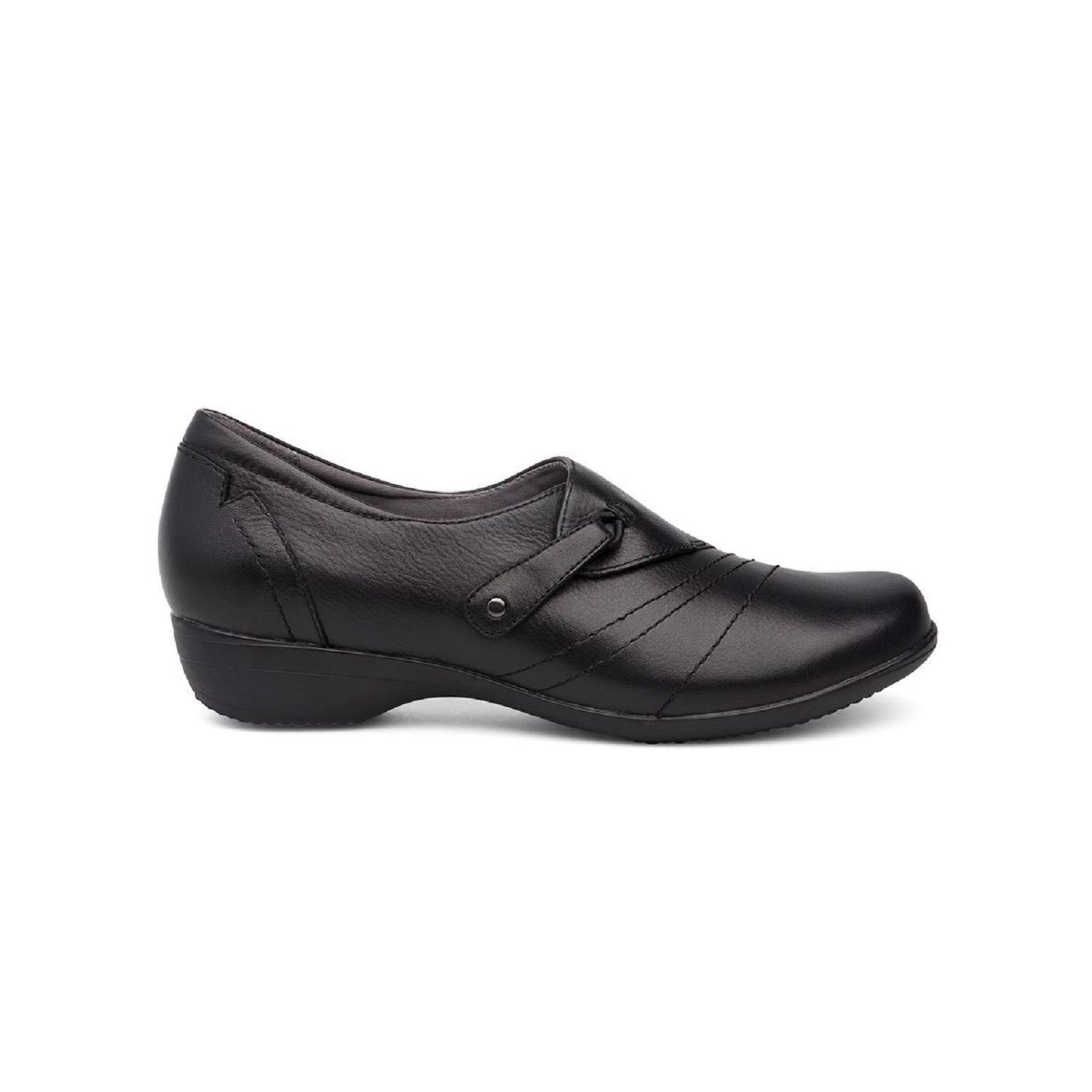 Black loafer with slight heel and adjustable loop.