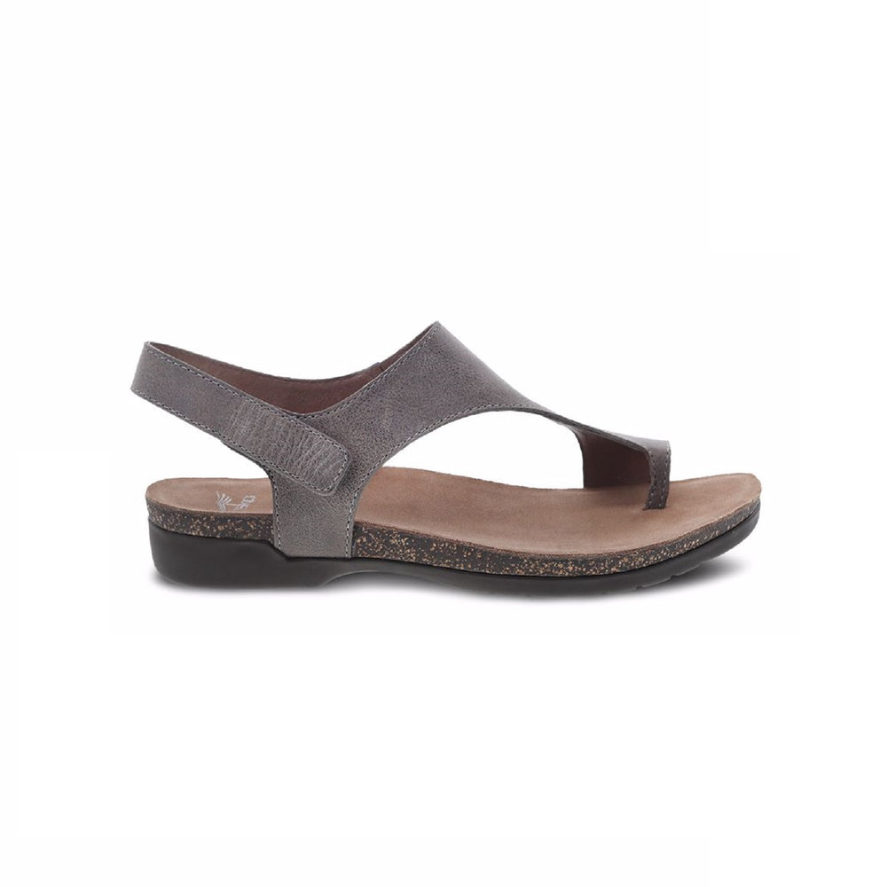 Stone grey leather thong sandal with velcro back strap.