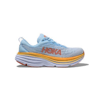Hoka Bondi 8 running shoe in Summer Song light blue with orange accents.