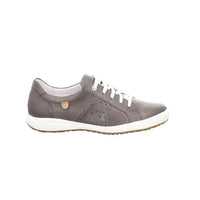 Leather sneaker in grey with white trim.
