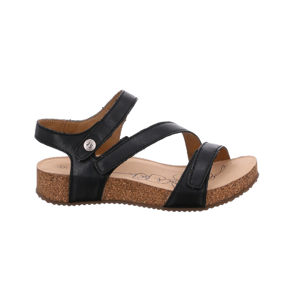 Sandal with triple adjustable leather straps in black.