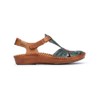 Leather T strap sandal with emerald front design.