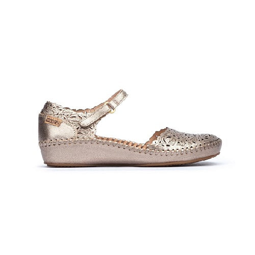 Leather ballet flat with cut out details in stone metallic.