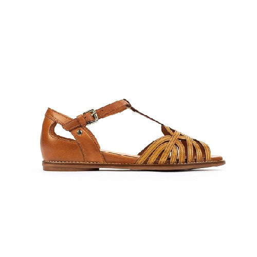 Leather T strap sandal with honey front design.