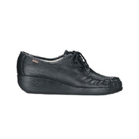 Black leather shoe with moccasin construction and lace up front.