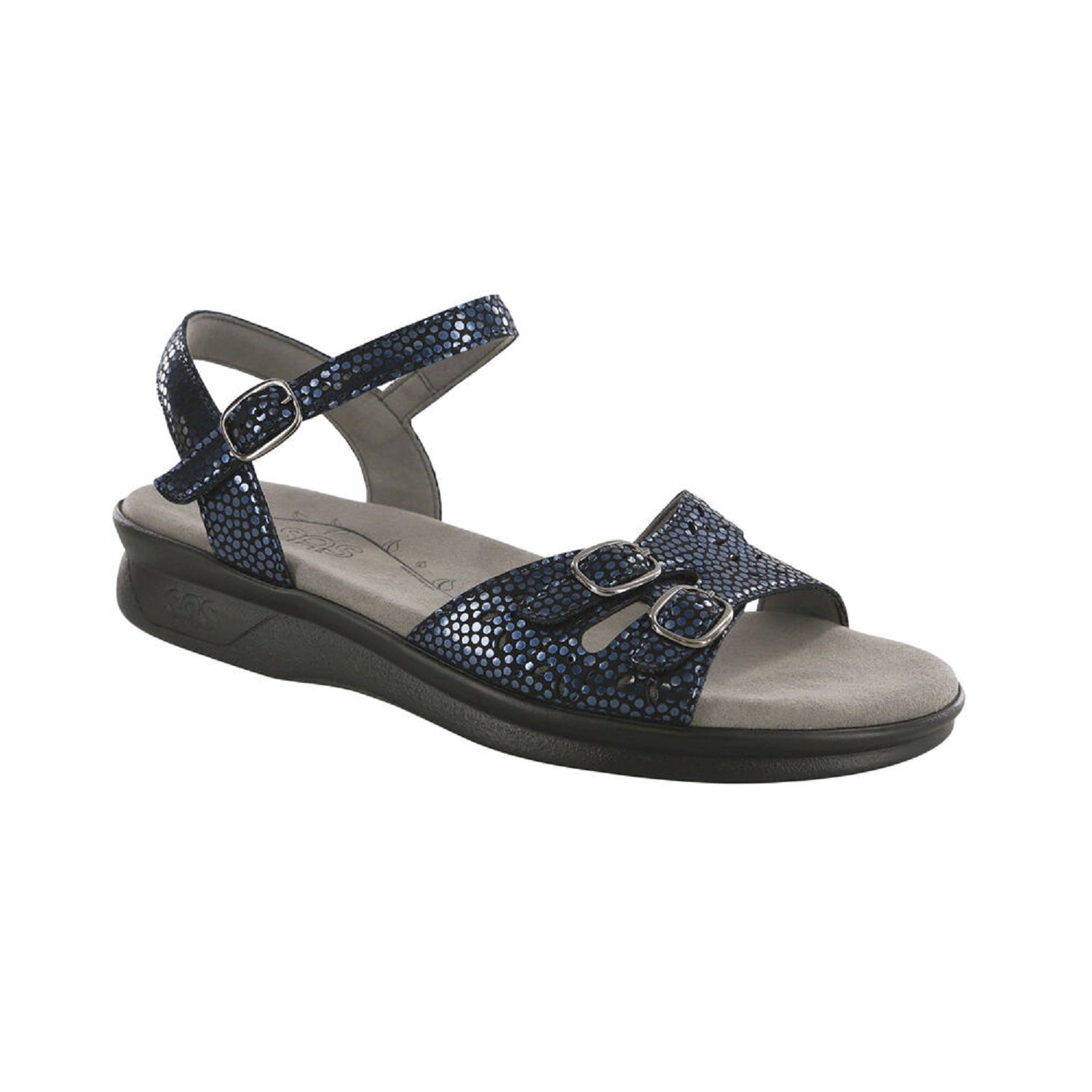 Navy patterned sandal with adjustable straps.