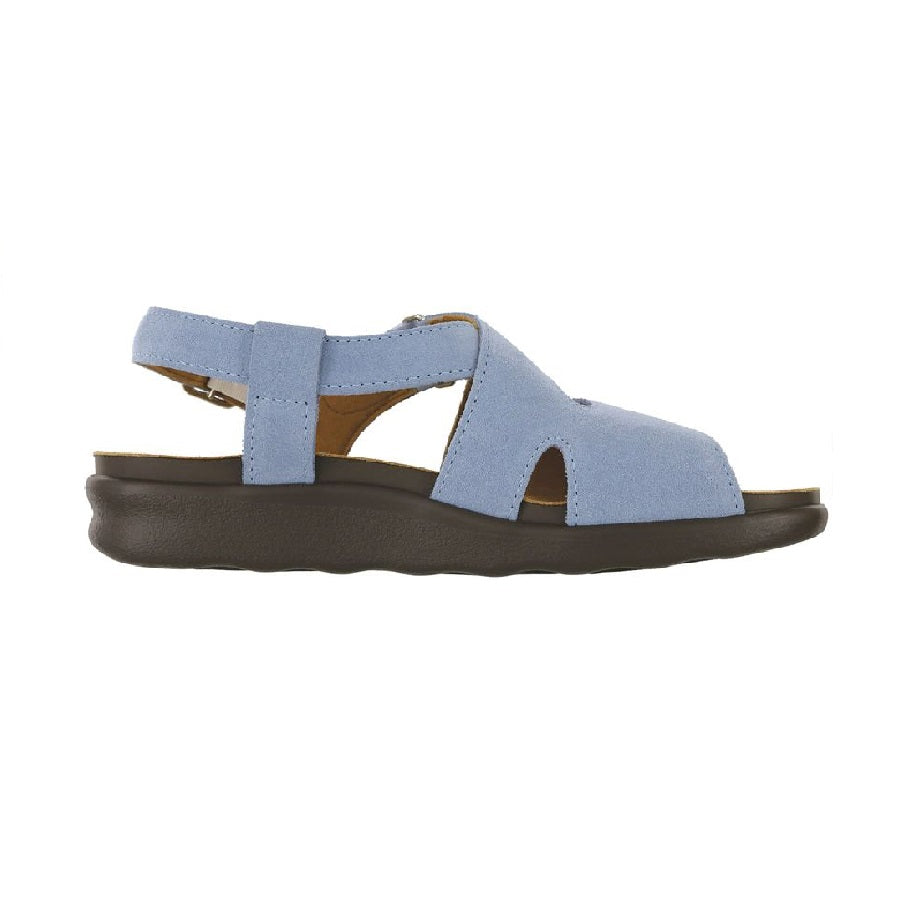Wide strap sandal with adjustable straps in light blue.