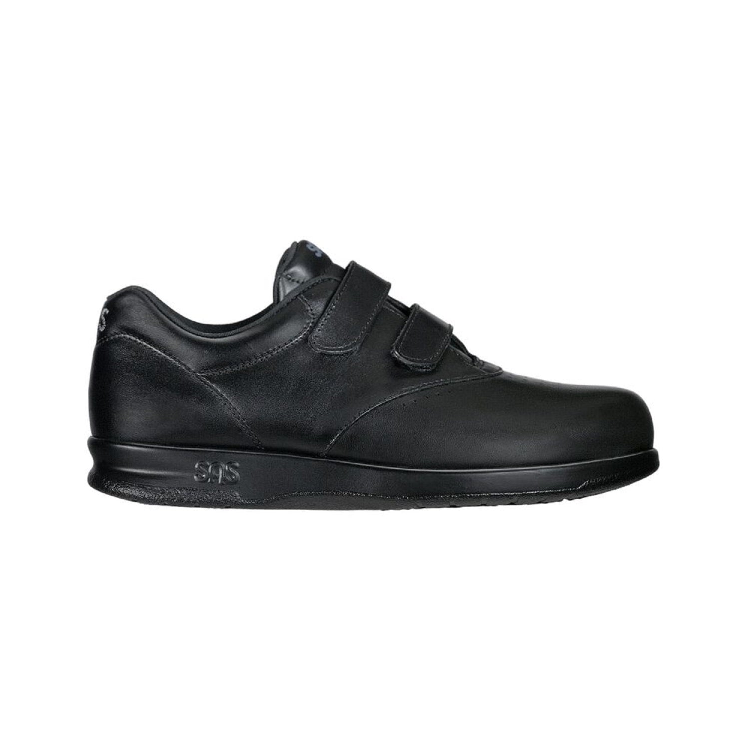 Black leather shoe with two velcro straps.