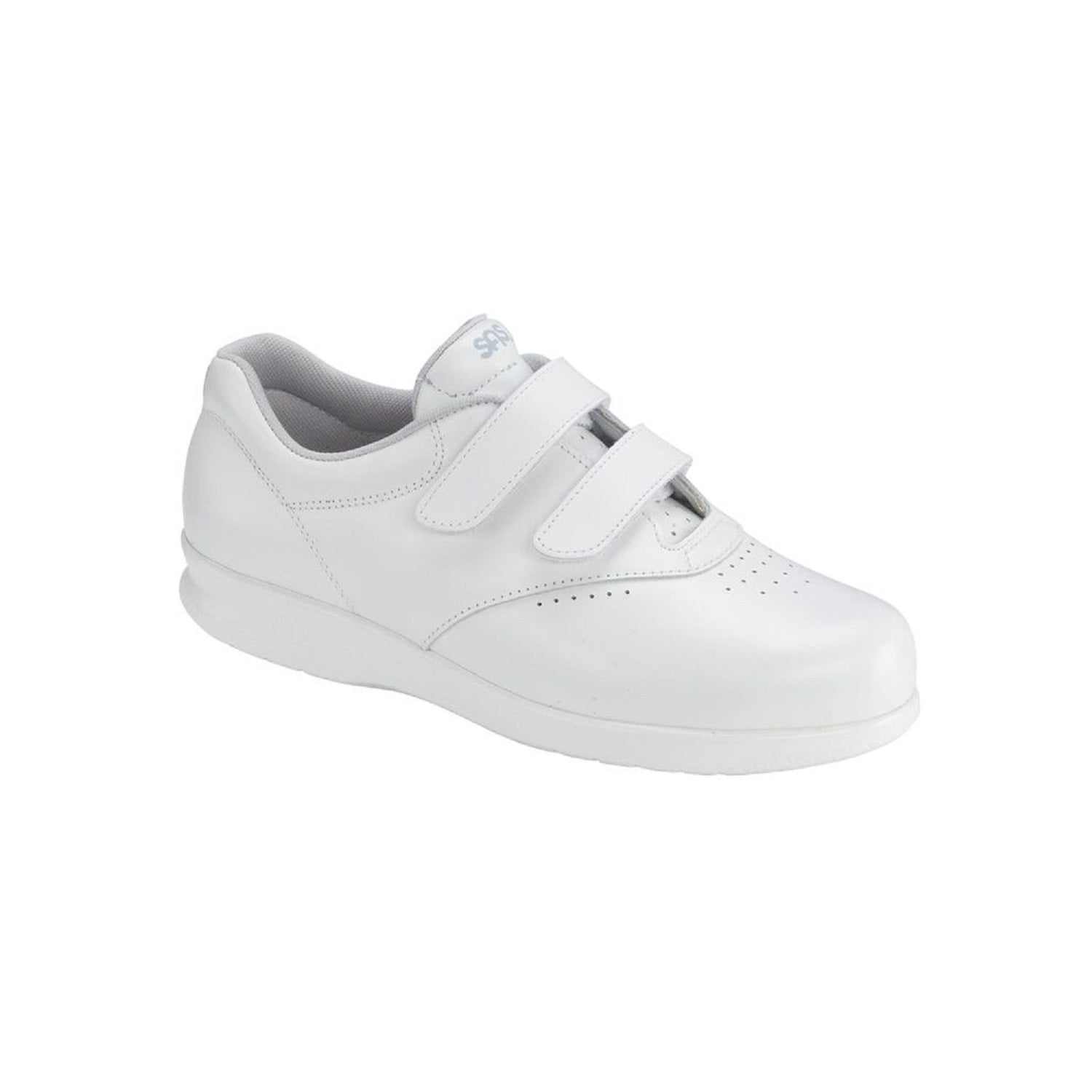 White leather walking shoe with two velcro straps.