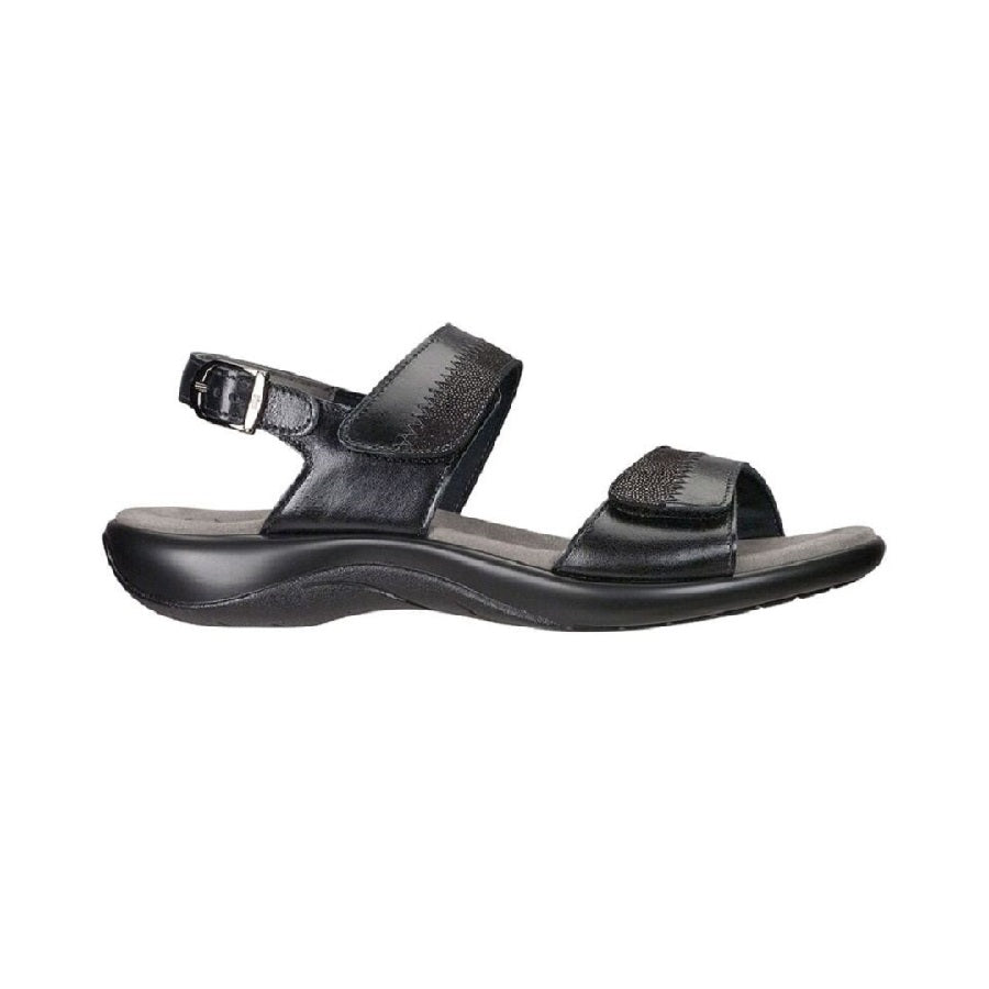 Adjustable double strap sandal with heel strap in black.