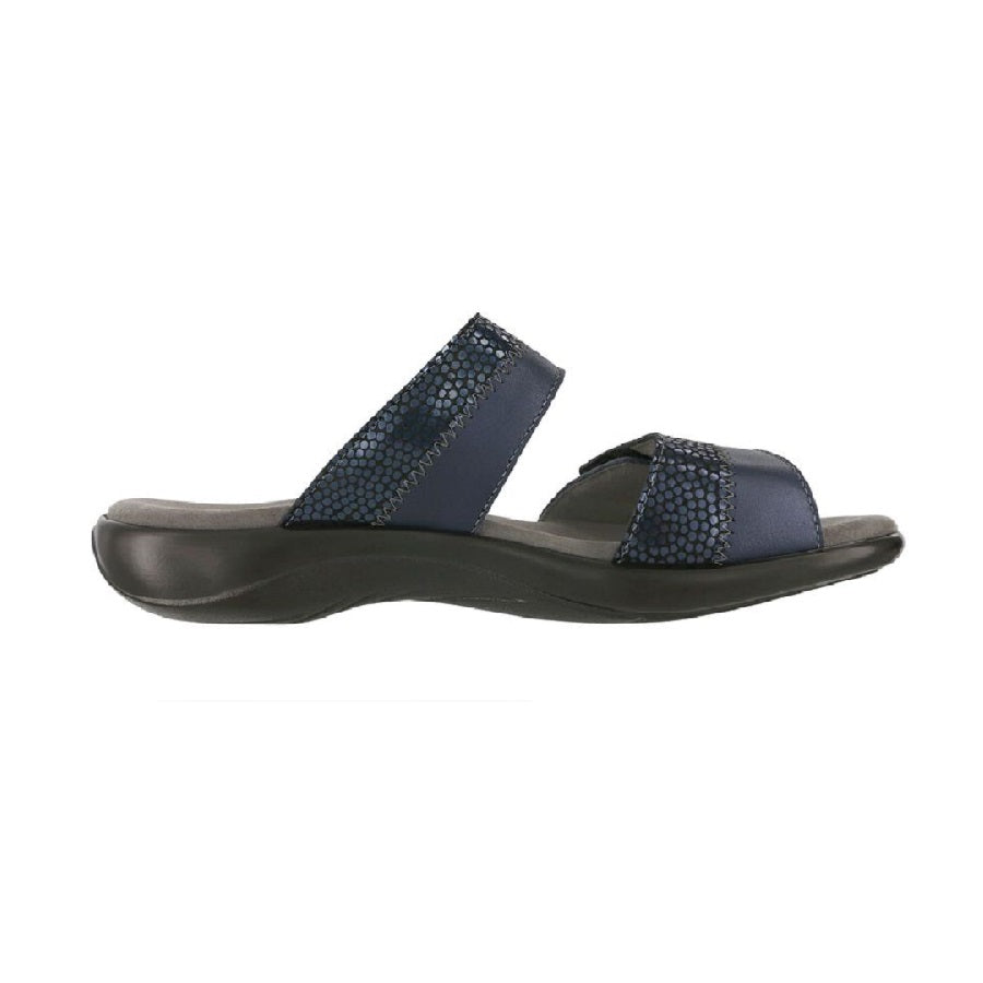 Slip on sandal with adjustable double strap in navy.