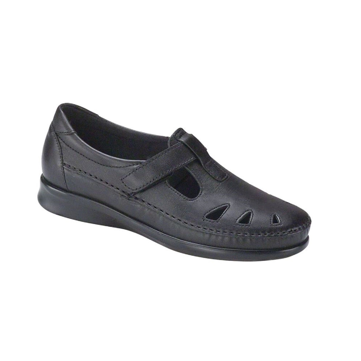 Black loafer with cut out design and velcro strap.