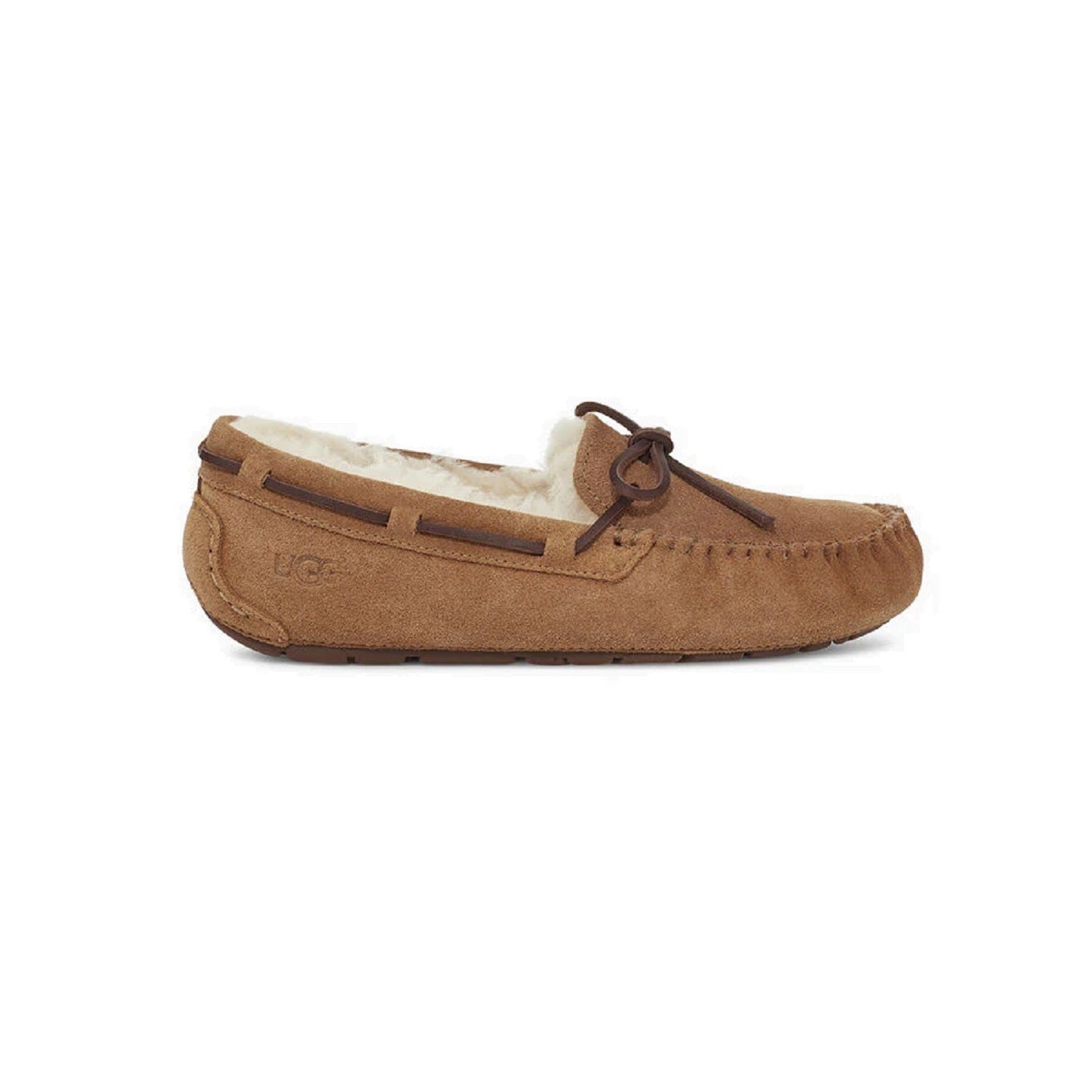 Moccasin style slipper with bow in chestnut.