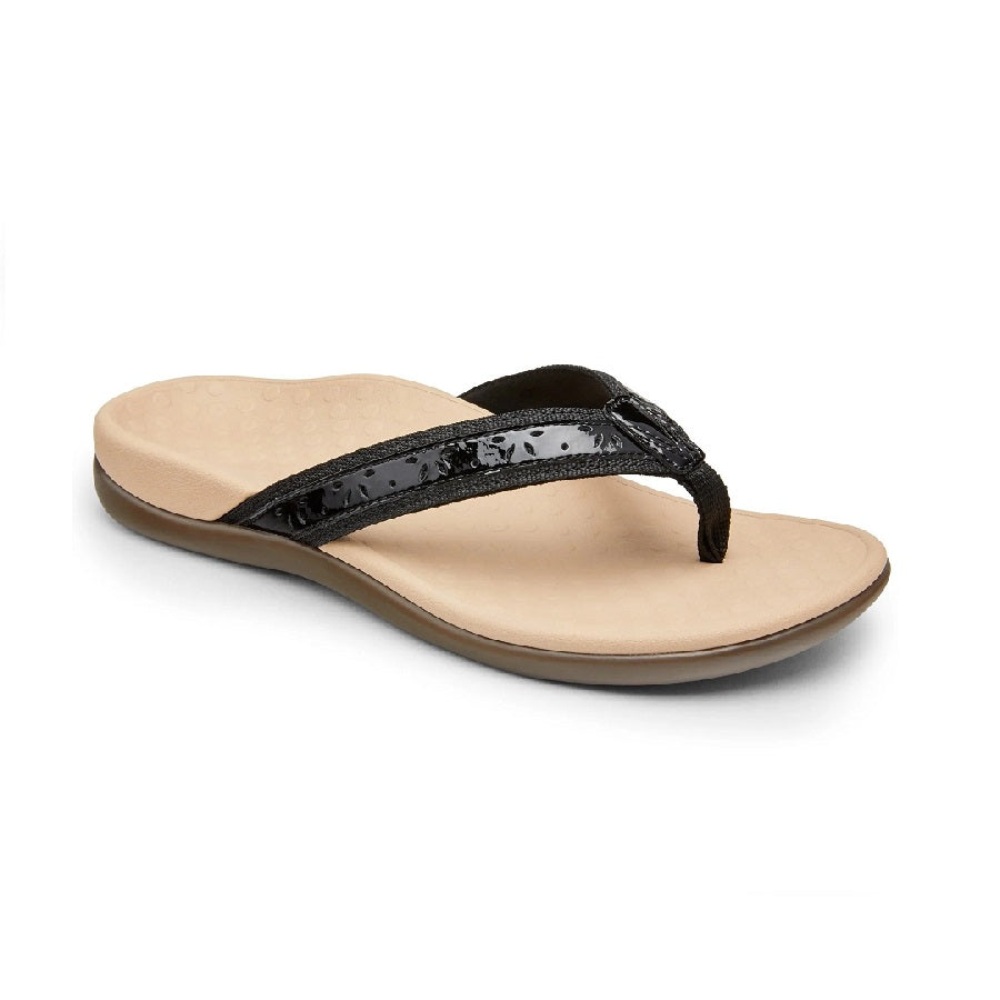 Black flip flop with tan mircofiber lining.